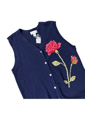 Vintage Navy Blue Sweater Vest Pink Rose Knit Button Front 1X Maggie Barnes